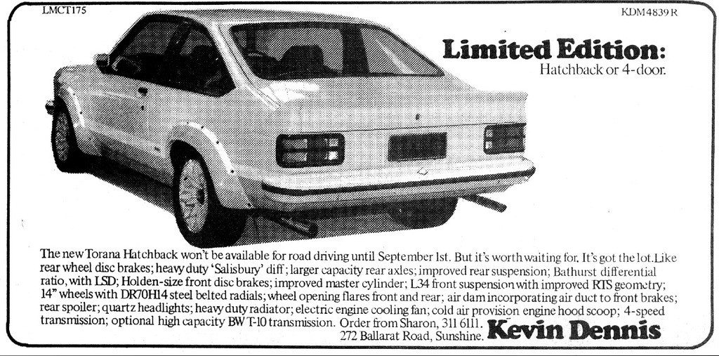 A black and white newspaper advertisement listing its many upgrades.  There is a three quarter shot of a hatchback car
